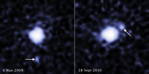 Hubble spots a moon around the dwarf planet 2007 OR10. These two images, taken a year apart, reveal a moon orbiting the dwarf planet 2007 OR10. Each image, taken by the Hubble Space Telescope's Wide Field Camera 3, shows the companion in a different orbital position around its parent body. 2007 OR10 is the third-largest known dwarf planet, behind Pluto and Eris, and the largest unnamed world in the solar system. (NASA, ESA, C. Kiss (Konkoly Observatory), and J. Stansberry (STScI)