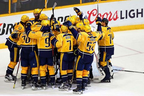 The Nashville Predators celebrate after defeating the Anaheim Ducks in game six of the Western Conference Final of the 2017 Stanley Cup Playoffs at Bridgestone Arena. (Aaron Doster-USA TODAY Sports)