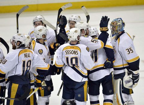 Nashville Predators celebrate the victory against the Anaheim Ducks followng game five of the Western Conference Final of the 2017 Stanley Cup Playoffs at Honda Center. (Gary A. Vasquez-USA TODAY Sports)