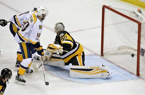 Nashville Predators center Colton Sissons (10) scores a goal past Pittsburgh Penguins goalie Matt Murray (30) during the third period in game one of the 2017 Stanley Cup Final at PPG PAINTS Arena. (Don Wright-USA TODAY Sports)