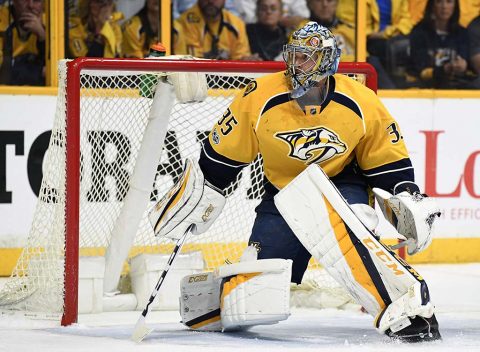 Nashville Predators goalie Pekka Rinne (35) after a save during the second period against the St. Louis Blues in game six of the second round of the 2017 Stanley Cup Playoffs at Bridgestone Arena. (Christopher Hanewinckel-USA TODAY Sports)