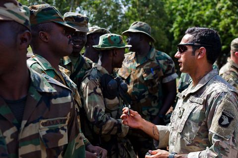 U.S. Soldiers assigned to the 1st Battalion, 506th Infantry Regiment, 1st Brigade Combat Team, 101st Airborne Division and Ghana Armed Forces soldiers participate in a farewell event during United Accord 2017 at Bundase Training Camp, Bundase, Ghana, May 29, 2017. (U.S. Army photo by Spc. Victor Perez Vargas) 