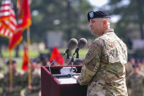 Lt. Col. James Reese, outgoing commander of the 2nd Battalion, 44th Air Defense Artillery Regiment, assigned to the 108th ADA Bridge, and attached to the 101st Airborne Division (Air Assault) Sustainment Brigade, 101st Abn. Div., looks at the audience, June 21, 2017, during his speech during the battalion’s change of command ceremony at the division parade field on Fort Campbell, Kentucky. (Sgt. Neysa Canfield/101st SBDE Public Affairs) 