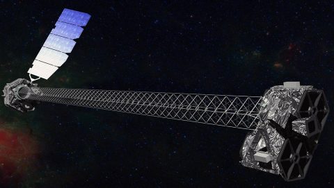 This artist's concept shows NASA's Nuclear Spectroscopic Telescope Array (NuSTAR) spacecraft on orbit. (NASA/JPL-Caltech)