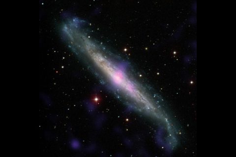 NGC 1448, a galaxy with an active galactic nucleus, is seen in this image combining data from the Carnegie-Irvine Galaxy Survey in the optical range and NuSTAR in the X-ray range. (NASA/JPL-Caltech/Carnegie-Irvine Galaxy Survey)