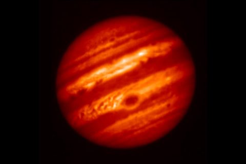 This false-color image of Jupiter was taken on May 18, 2017, with the Subaru Telescope in Hawaii, using a mid-infrared filter centered at a wavelength of 8.8 microns. The Great Red Spot appears at the lower center of the planet as a cold region with a thick cloud layer. 