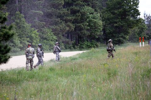 Soldiers with the 2nd Battalion, 502nd Infantry Regiment of Fort Campbell, Ky., practice patrolling formations in a wooded area outside of Integrated Tactical Training Base Freedom on South Post during operations for the Exportable Combat Training Capability (XCTC) Exercise on June 9, 2017, at Fort McCoy, WI. (Scott T. Sturkol, Public Affairs Office, Fort McCoy, WI) 