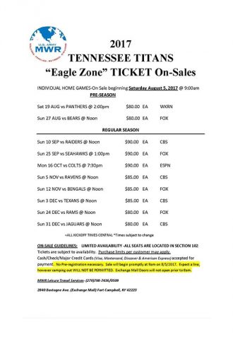 Fort Campbell Tennessee Titans “Eagle Zone” Ticket Sale
