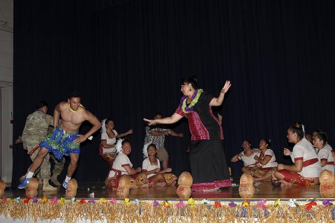 Leafaina O. Yahn, Chief of Staff for Congresswomen Aumua Amata Coleman Radewagen of American Samoa, dances with the 101st Screaming Eagle Dance Group, May 31, 2017, at Wilson Theater. The Taualuga, which is performed to symbolize the end of the performance, concluded the Asian American Pacific Islander Heritage month observance hosted by the 101st Airborne Division (Air Assault) Sustainment Brigade, 101st Abn. Div. (Sgt. Neysa Canfield/ 101st SBDE Public Affairs Office) 