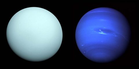 Left: Arriving at Uranus in 1986, Voyager 2 observed a bluish orb with subtle features. A haze layer hid most of the planet's cloud features from view. Right: This image of Neptune was produced from Voyager 2 and shows the Great Dark Spot and its companion bright smudge. (Left: NASA/JPL-Caltech - Right: NASA)