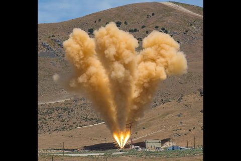 The abort motor for Orion’s launch abort system fired for five seconds in a test at the Promontory, Utah facility of manufacturer Orbital ATK. (Orbital ATK)