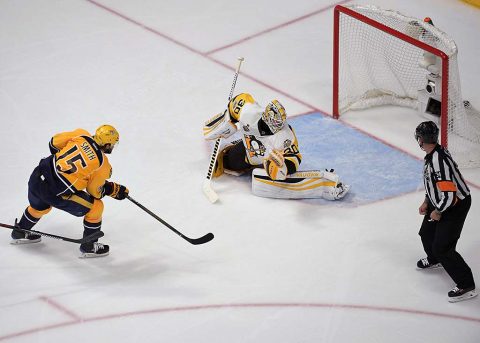 Nashville Predators center Craig Smith (15) scores a goal past Pittsburgh Penguins goalie Matt Murray (30) during the third period in game three of the 2017 Stanley Cup Final at Bridgestone Arena. (Scott Rovak-USA TODAY Sports)