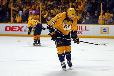 Nashville Predators left wing James Neal (18) and center Mike Fisher (12) react after an empty net goal by Pittsburgh Penguins left wing Carl Hagelin (not pictured) in the third period in game six of the 2017 Stanley Cup Final at Bridgestone Arena. (Jerry Lai-USA TODAY Sports)