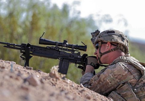 Soldier with 1st Battalion, 26th Infantry Regiment, 2nd Brigade Combat Team, 101st Airborne Division, from Fort Campbell, Kentucky, participates in a live fire exercise during Network Integration Evaluation 17.2, July 14, Dona Ana Range Complex, New Mexico. 2nd BCT, 101st ABN DIV is the first rotational unit to participate in NIE. (Sgt. Maricris C. McLane) 