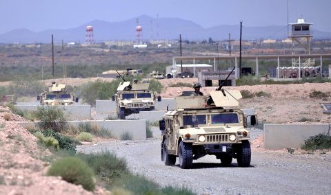 The commander of Bravo Company with the 526th Brigade Support Battalion, 2nd Brigade Combat Team, 101st Airborne Division from Fort Campbell, Kentucky, leads his nine man crew through the training lane on Range 37 at McGregor Range, New Mexico, July 13. The 526th Brigade Support Battalion participate in a convoy live fire exercise, July 10-15, during Network Integration Evaluation 17.2. (Sgt. Michael Eaddy) 