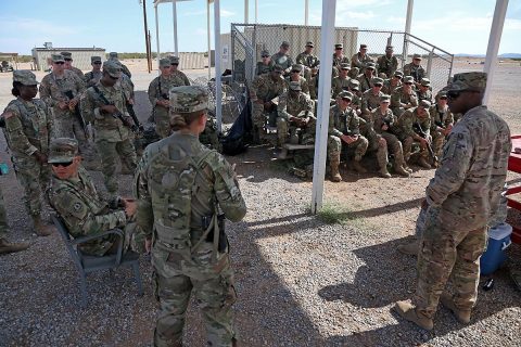 Soldiers from 526th Support Battalion, 2nd Brigade Combat Team, 101st Airborne Division getting briefed prior to conducting Convoy Escort Team training during Network Integration Evaluation 17.2 at Fort Bliss, Texas, July 14, 2017. (Pfc. Isaiah Scott) 