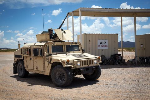 Soldiers from 526th Support Battalion, 2nd Brigade Combat Team, 101st Airborne Division get ready to roll out to conduct Convoy Escort Team training during Network Integration Evaluation 17.2 at Fort Bliss, Texas, July 14, 2017. (U.S. Army) 