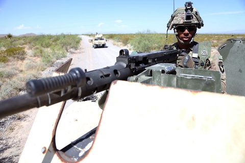 Spc. Corey McKinley from 526th Support Battalion, 2nd Brigade Combat Team, 101st Airborne Division (AASLT), participates in Convoy Escort Team training during Network Integration Evaluation 17.2 at Fort Bliss, Texas, July 14, 2017. (Pfc. Isaiah Scott) 