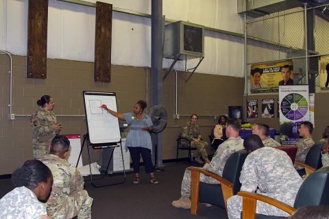 Soldiers from the 101st Airborne Division (Air Assault) Sustainment Brigade “Lifeliners,” 101st Abn. Div., participate in a resiliency class, June 27, 2017, at the brigades resiliency center on Fort Campbell, Kentucky, as part of “Not In My Squad” week. (Sgt. Neysa Canfield/101st SBDE Public Affairs) 