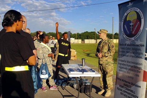 Sgt. 1st Class Douglas Duncan (right), the equal opportunity advisor for the 101st Airborne Division (Air Assault) Sustainment Brigade “Lifeliners,” 101st Abn. Div., talks to the Soldiers of the brigade, June 27, 2017, on Fort Campbell, Kentucky, about the classes he will instructing during “Not In My Squad” week. (Sgt. Neysa Canfield/101st SBDE Public Affairs)