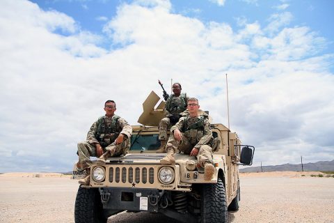 U.S. Army Staff Sgt. Brandon E. Baldwin, Pfc. Pricilla Jalim, and Spc. Michael Schroeter, Bravo Company, 526th Brigade Support Battalion, 2nd Brigade Combat Team, 101st Airborne Division, gunnery crew, train using firing communication commands to allow proficiency to the gunner in identifying and engaging enemy targets during NIE 17.2 July 14, 2017. (Staff Sgt. Sean Callahan; 40th PAD)