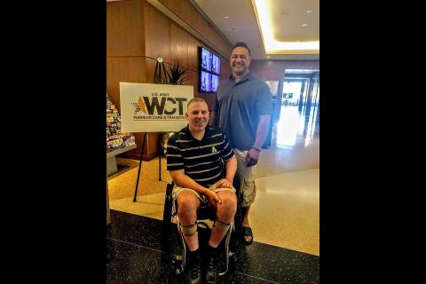 Army athletes Col. Daniel Dudek (left) and Sgt. 1st Class David Iuli arrive at the 2017 DoD Warrior Games in Chicago. (U.S. Army photo by Corrie Poland)