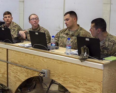 Soldiers discuss their experiences during the Basic Leaders Course on Bagram Airfield, Afghanistan. This is the first time the course has been held in Afghanistan. (Sgt. 1st Class Eliodoro Molina, U.S. Forces Afghanistan)