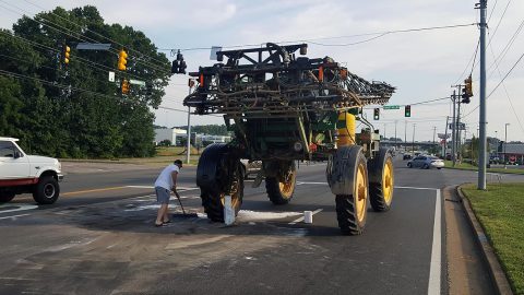 A disabled farm vehicle is blocking all three lanes of south bound Wilma Rudolph Boulevard. It is expected to be moved by 10:00pm.