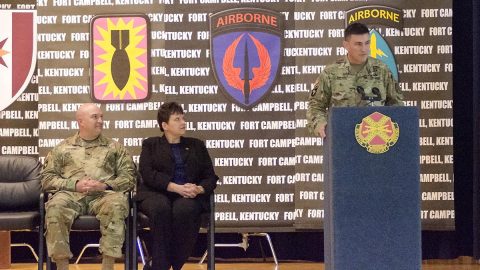 Colonel Joseph Kuchan, Fort Campbell’s garrison commander, addresses attendees during a change of command ceremony at Wilson Theater June 23rd, 2017,. Kuchan brings more than 22 years of service to the position. (Leejay Lockhart, Fort Campbell Public Affairs Office) Colonel Joseph Kuchan, Fort Campbell’s garrison commander, addresses attendees during a change of command ceremony at Wilson Theater June 23rd, 2017,. Kuchan brings more than 22 years of service to the position. (Leejay Lockhart, Fort Campbell Public Affairs Office)