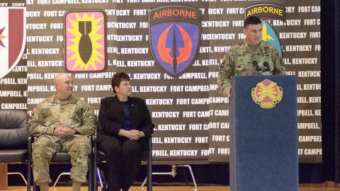 Colonel Joseph Kuchan, Fort Campbell’s garrison commander, addresses attendees during a change of command ceremony at Wilson Theater June 23rd, 2017,. Kuchan brings more than 22 years of service to the position. (Leejay Lockhart, Fort Campbell Public Affairs Office)