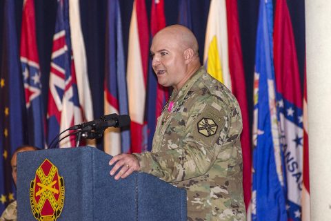 Colonel James “Rob” Salome, Fort Campbell’s garrison commander for the past two years, addresses attendees at a retirement ceremony Friday held moments before he relinquished command of Fort Campbell to Col. Joseph Kuchan. Both Salome and Kuchan had served with the 101st Airborne Division before becoming garrison commander. (Leejay Lockhart, Fort Campbell Public Affairs Office)