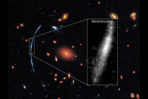 In this Hubble photograph of a distant galaxy cluster, a spotty blue arc stands out against a background of red galaxies. That arc is actually three separate images of the same background galaxy. The background galaxy has been gravitationally lensed, its light magnified and distorted by the intervening galaxy cluster. On the right: How the galaxy would look to Hubble without distortions. (NASA, ESA, and T. Johnson (University of Michigan)