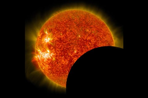 This image of the moon crossing in front of the sun was captured on Jan. 30, 2014, by NASA's Solar Dynamics Observatory observing an eclipse from its vantage point in space. (NASA)