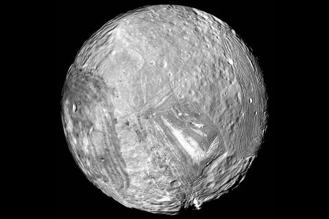 Uranus' icy moon Miranda is seen in this image from Voyager 2 on January 24, 1986. (NASA/JPL-Caltech)