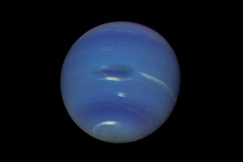 Neptune's blue-green atmosphere is shown in greater detail than ever before by the Voyager 2 spacecraft as it rapidly approaches its encounter with the giant planet. (NASA/JPL)