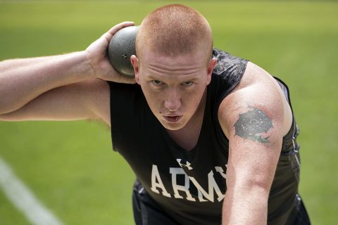 Army Specialist Mitchell Bombeck competes in shot put during the 2017 Department of Defense (DoD) Warrior Games at Soldier Field in Chicago, IL, July 5, 2017. The DoD Warrior Games are an annual event allowing wounded, ill and injured service members and veterans to compete in Paralympic-style sports including archery, cycling, field, shooting, sitting volleyball, swimming, track and wheelchair basketball. (Roger L. Wollenberg) 