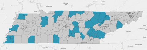 Tennessee Adolescent Pregnancy Map. Districts shaded in blue had a county rate exceeding 19.5 in 2015.