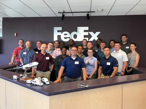 Officers and noncommissioned officers from the Airborne Division (Air Assault) Sustainment Brigade, 101st Abn. Div., pose for a group picture, July 19th, 2017, during their leader professional trip to Memphis, Tennessee for the FedEx HUB Express Experience. (Capt. Alex J. Tompkins) 