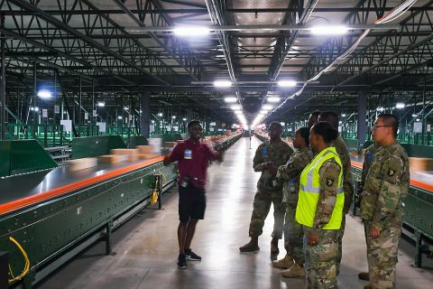 Soldiers assigned to A Company, 96th Aviation Support Battalion, 101st Combat Aviation Brigade, 101st Airborne Division, recently participate in a guided tour of the Hopkinsville, Kentucky Wal-Mart Distribution Center. (Sgt. Marcus Floyd, 101st Combat Aviation Brigade)