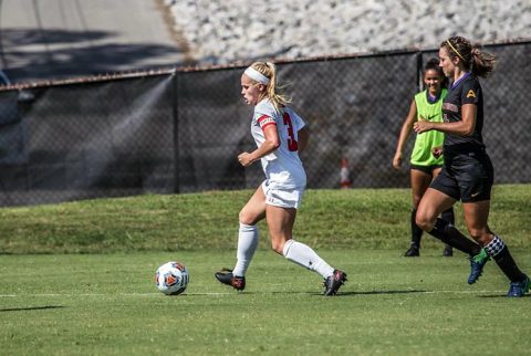 Austin Peay Soccer's Kirstin Robertson hits winning goal in victory over Lipscomb Sunday at Morgan Brothers Soccer Field. (APSU Sports Information)