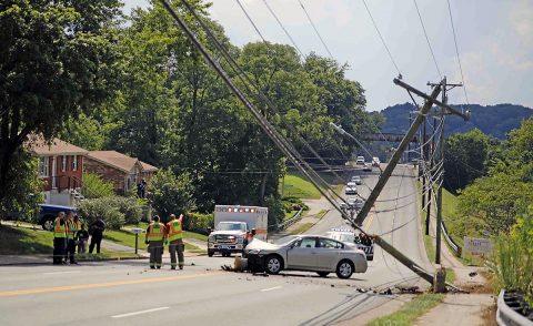 A Nissan Altima left the roadway on Crossland Avenue and stuck a utility pole Thursday afternoon. (Jim Knoll, CPD) A Nissan Altima left the roadway on Crossland Avenue and stuck a utility pole Thursday afternoon. (Jim Knoll, CPD)