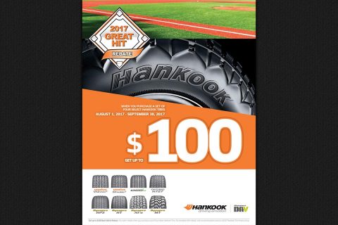 With Hankook Tire's Great Hit Rebate, consumers can save up to $100 on eight of Hankook’s most popular passenger and light truck tire models. 