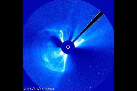 ESA and NASA’s Solar and Heliospheric Observatory observed a coronal mass ejection erupting from the Sun on Oct. 14, 2014. Scientists went on to track this coronal mass ejection through the solar system using 10 NASA and ESA spacecraft. (The bright light appearing at roughly 2 o'clock is the planet Mercury.) (ESA/NASA/SOHO)