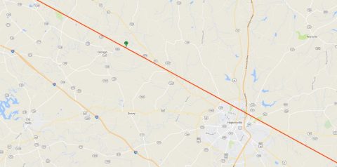 The point of greatest eclipse for the August 21st total solar eclipse will see 2 minutes, 40.1 seconds of totality. The closest towns to this location are Cerulean and Hopkinsville, Kentucky, which each will experience 2 minutes, 40 seconds of totality. (Map data by Google; eclipse calculations by NASA)