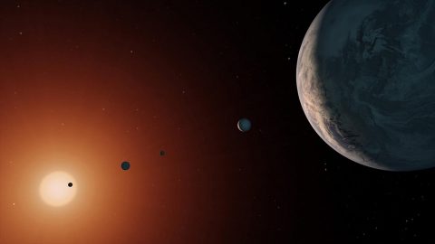 This illustration shows what the TRAPPIST-1 system might look like from a vantage point near planet TRAPPIST-1f (at right). (NASA/JPL-Caltech)