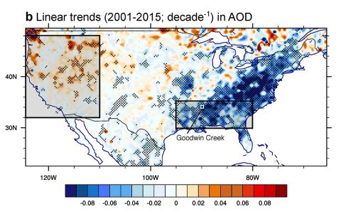 U.S. trends in the optical depth of aerosols from 2001 to 2015 (blue is decreasing, red is increasing). Improvements in regional air quality in the Southeast U.S. may have contributed to warmer temperatures seen in the region since about 1990. (NASA-JPL/Caltech/School of the Art Institute of Chicago)