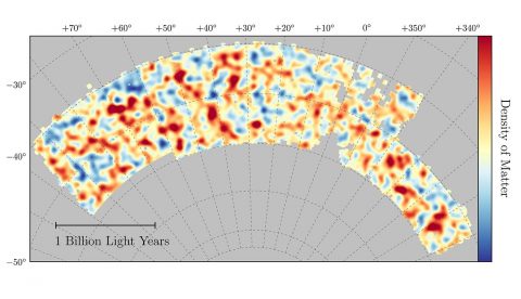 Map of dark matter made from gravitational lensing measurements of 26 million galaxies in the Dark Energy Survey. The map covers about 1/30th of the entire sky and spans several billion light years in extent. Red regions have more dark matter than average, blue regions less dark matter. (Chihway Chang/Kavli Institute for Cosmological Physics at the University of Chicago/DES Collaboration)