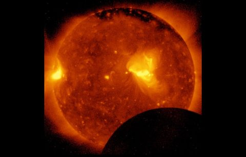Hinode captures a shot of the Aug. 21 total solar eclipse 2 minutes into the Moon's transit across the face of the Sun. (JAXA/NASA) Hinode captures a shot of the Aug. 21 total solar eclipse 2 minutes into the Moon's transit across the face of the Sun. (JAXA/NASA)
