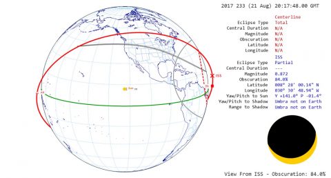 The station crew will have three chances to see the total solar eclipse from space. The third pass will offer the most coverage with the sun 84% obscured by the moon. (NASA) The station crew will have three chances to see the total solar eclipse from space. The third pass will offer the most coverage with the sun 84% obscured by the moon. (NASA)