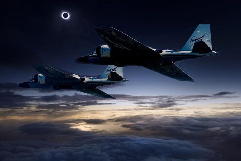 (Photo illustration) During the upcoming total solar eclipse, a team of NASA-funded scientists will observe the solar corona using stabilized telescopes aboard two of NASA’s WB-57F research aircraft. This vantage point provides distinct advantages over ground-based observations, as illustrated by this composite photo of the aircraft and the 2015 total solar eclipse at the Faroe Islands. (NASA/Faroe Islands/SwRI) (Photo illustration) During the upcoming total solar eclipse, a team of NASA-funded scientists will observe the solar corona using stabilized telescopes aboard two of NASA’s WB-57F research aircraft. This vantage point provides distinct advantages over ground-based observations, as illustrated by this composite photo of the aircraft and the 2015 total solar eclipse at the Faroe Islands. (NASA/Faroe Islands/SwRI)